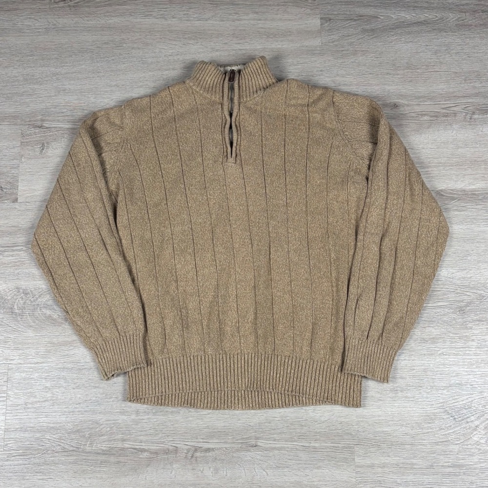 David Taylor Sweater Mens Large Tan Quarter Zip Fleece Collar Ribbed Cotton